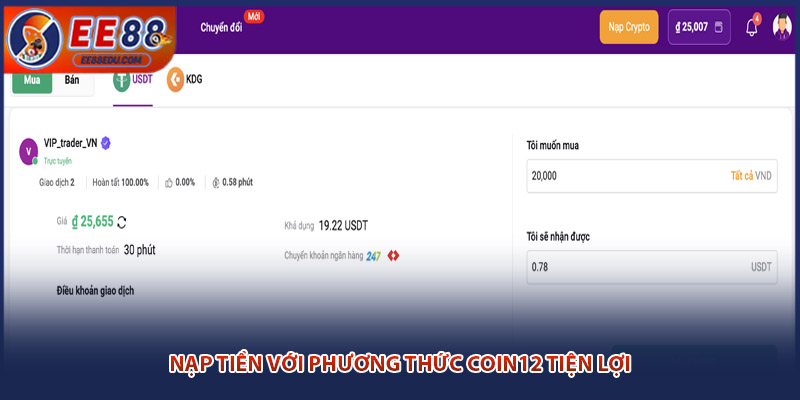 Nạp tiền với phương thức Coin12 tiện lợi